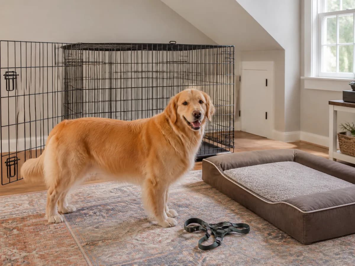 Adult Golden Retriever beside an appropriately sized crate, bed and harness