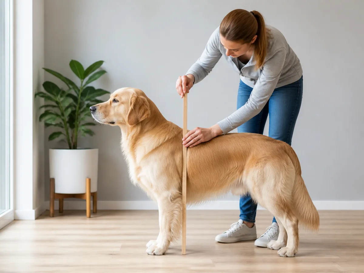Owner measuring a relaxed Golden Retriever at the withers on a level floor