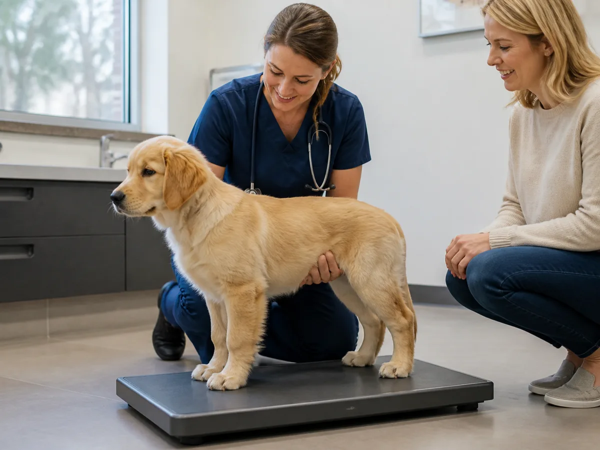 Golden Retriever puppy at a routine weigh-in on a veterinary scale