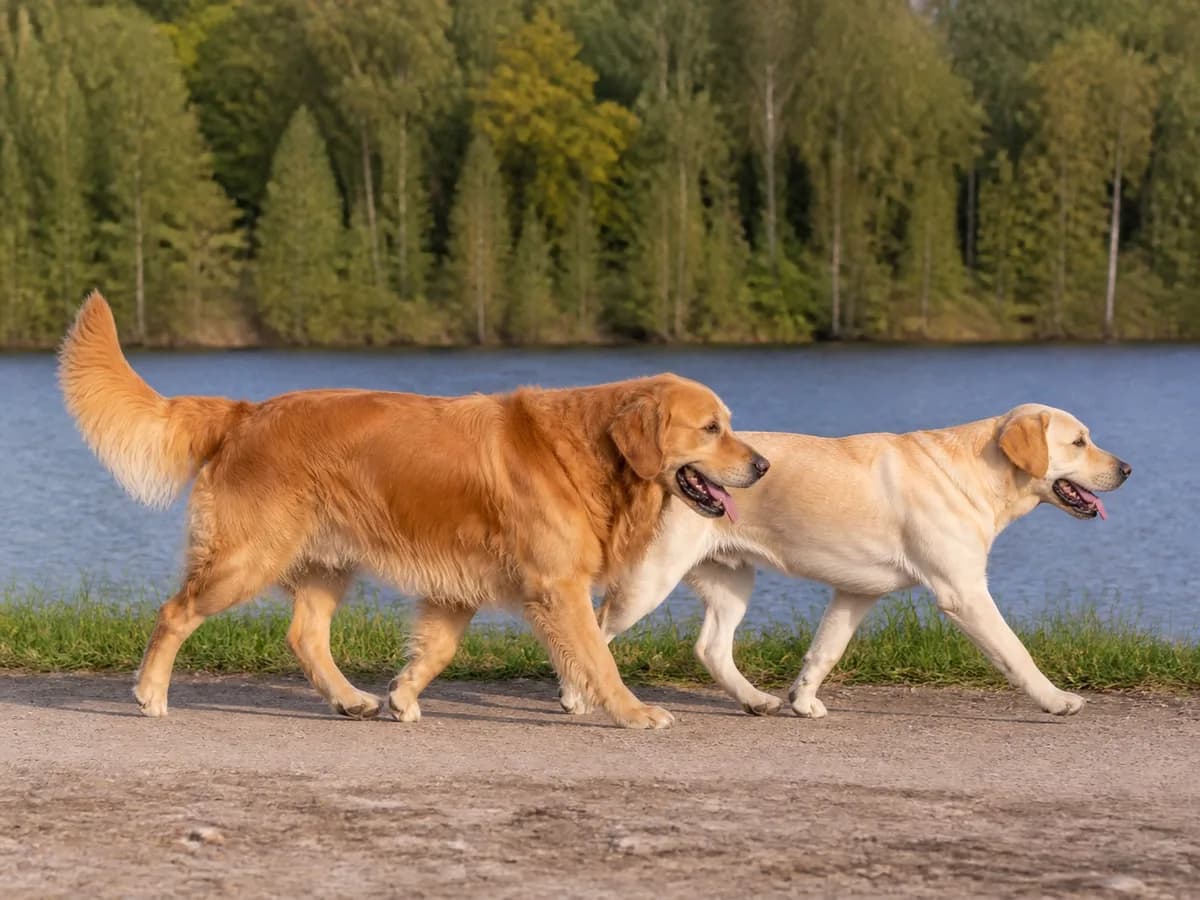 Golden Retriever and Labrador walking in profile on the same level surface