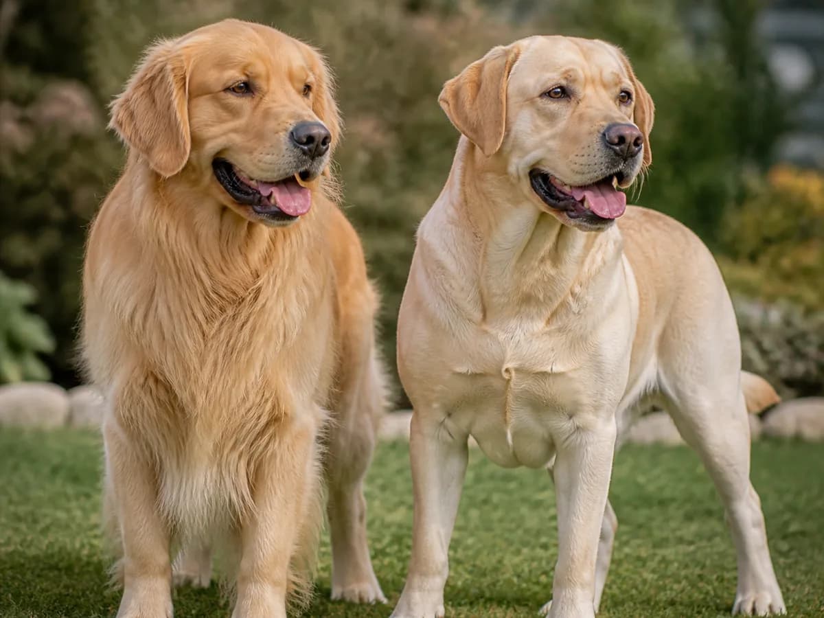 Close natural side-by-side view of Golden feathering and a Labrador short dense coat