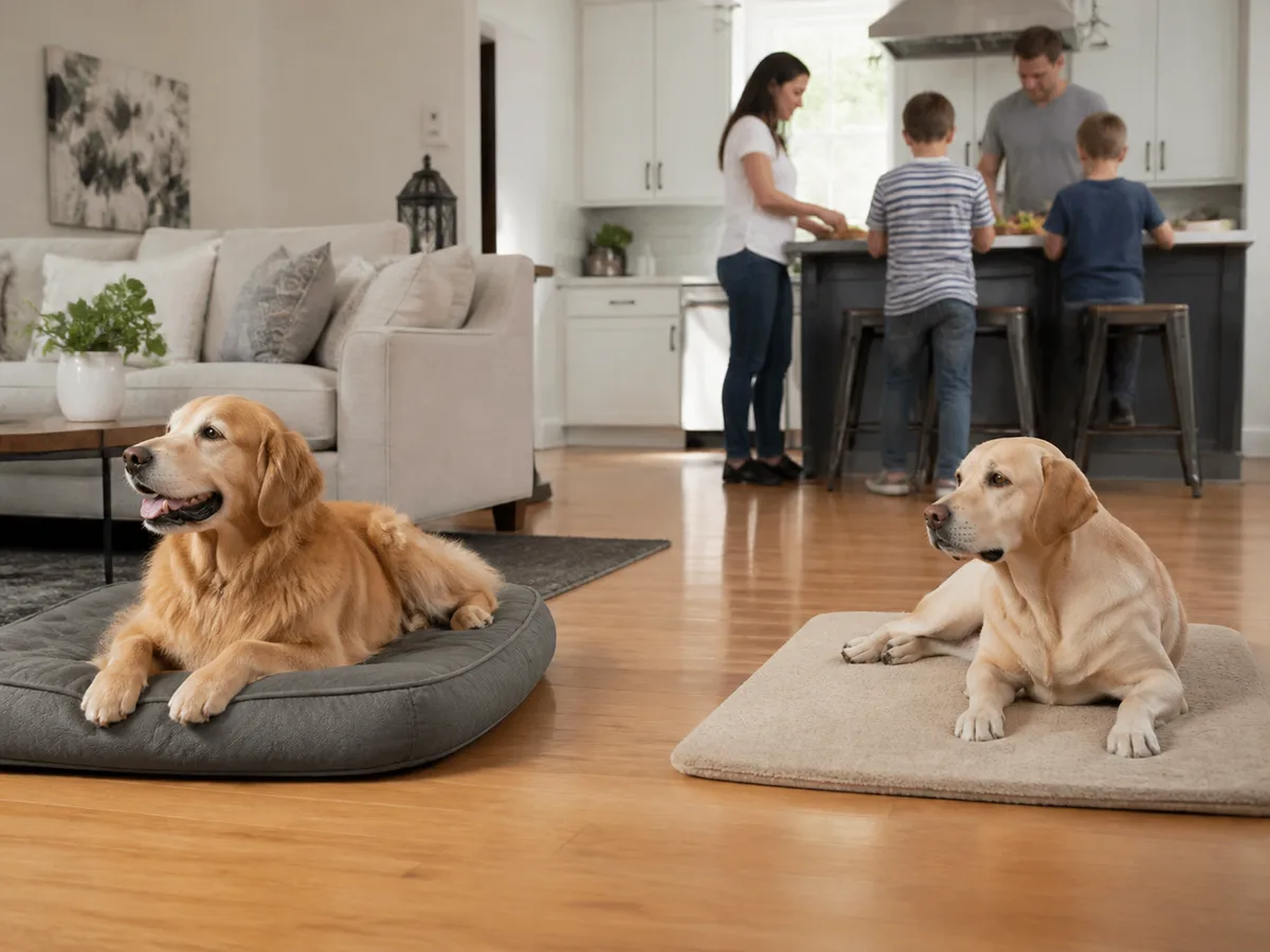 Golden Retriever and Labrador relaxing separately near family activity in the same home