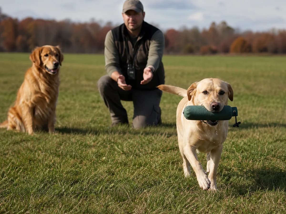 Both breeds taking turns retrieving with one handler in an open field