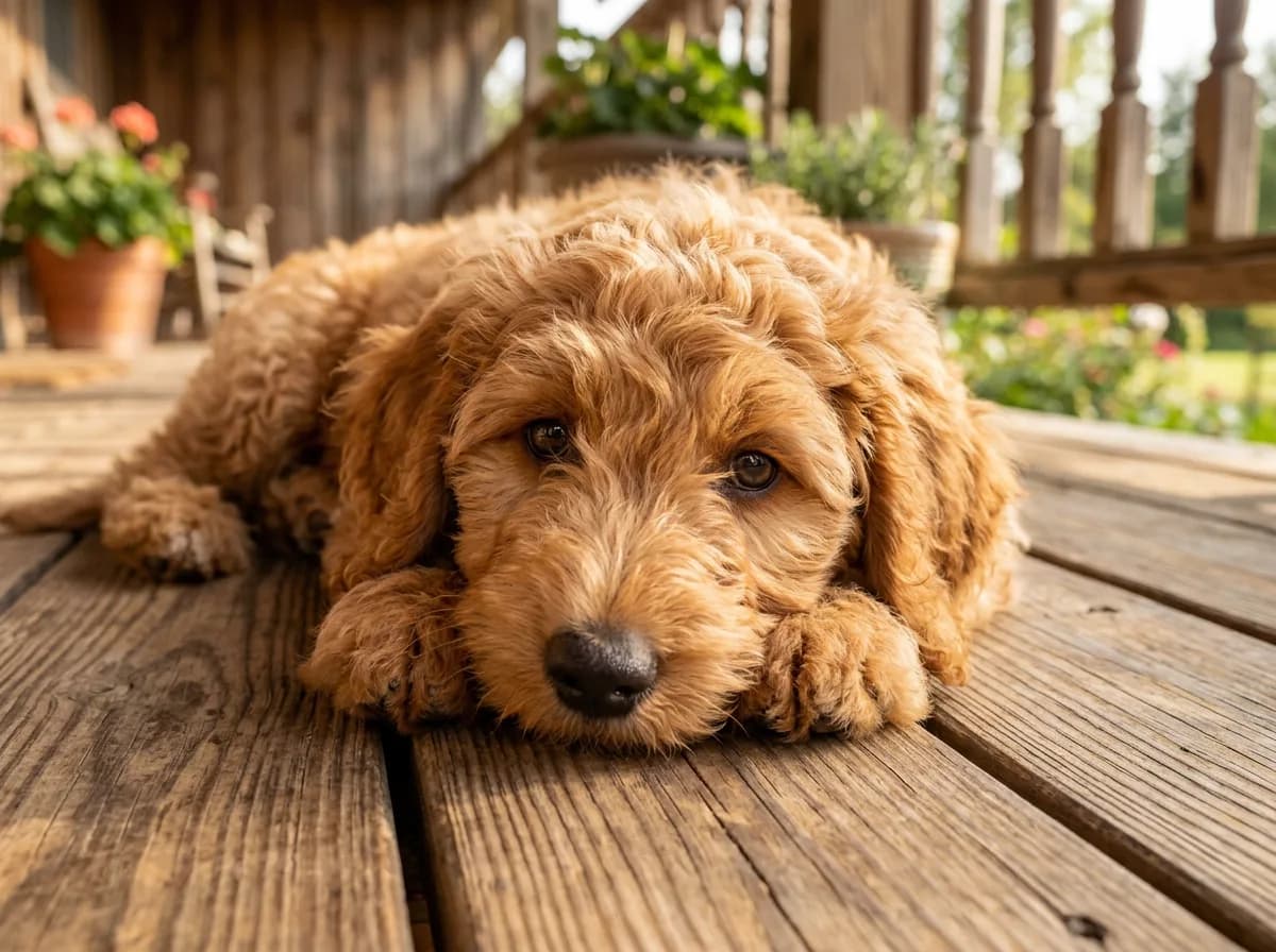 An apricot Goldendoodle puppy with curly fur lying on a wooden porch, close-up head and shoulders, warm afternoon light