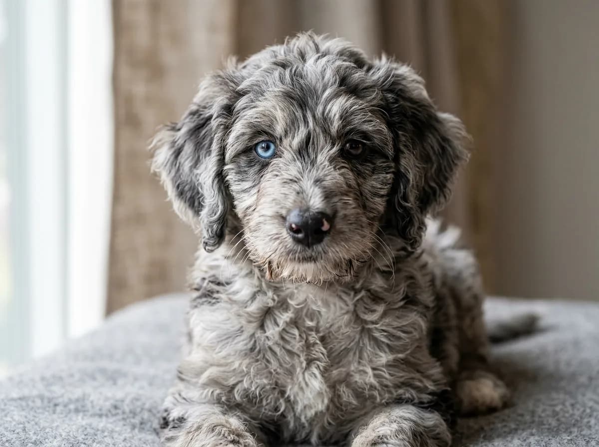 A blue merle Goldendoodle puppy with marbled gray and black coat and one blue eye, close-up portrait, studio-style neutral background