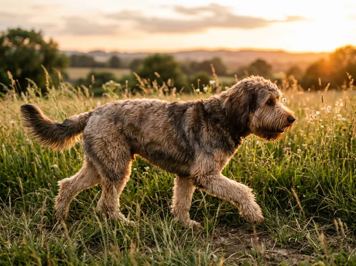 A sable Goldendoodle with dark-tipped tan fur showing shaded depth walking through tall grass at sunset, side profile in motion, warm backlight