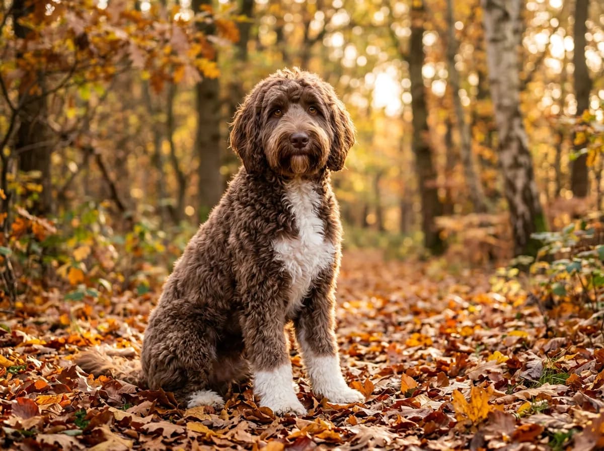 A chocolate abstract Goldendoodle with a white chest blaze and white paws sitting on autumn leaves, three-quarter body, golden-hour light