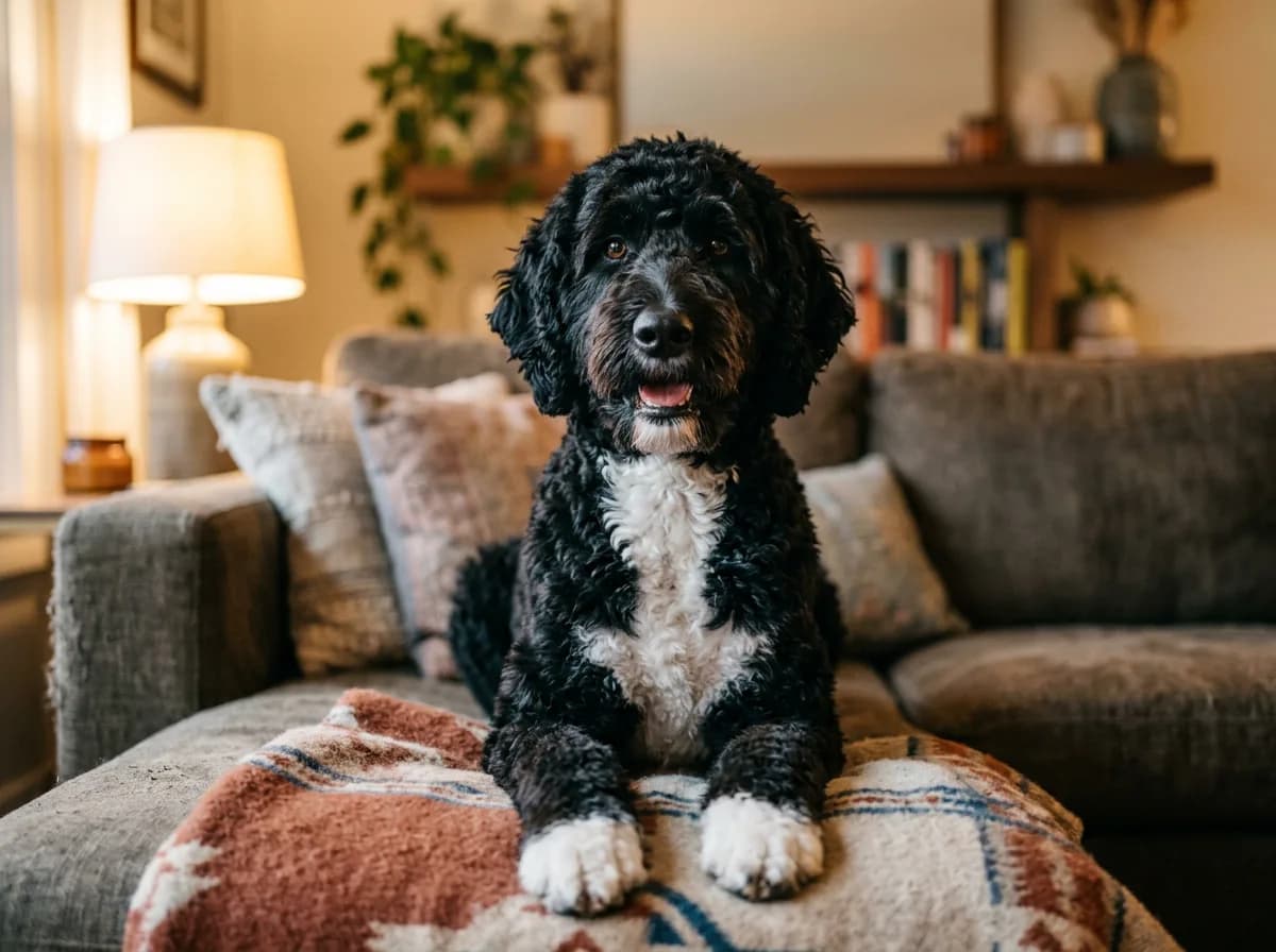 A black tuxedo Goldendoodle with a crisp white chest and white front paws sitting upright on a couch, front-facing head-and-chest framing, warm indoor lamp light