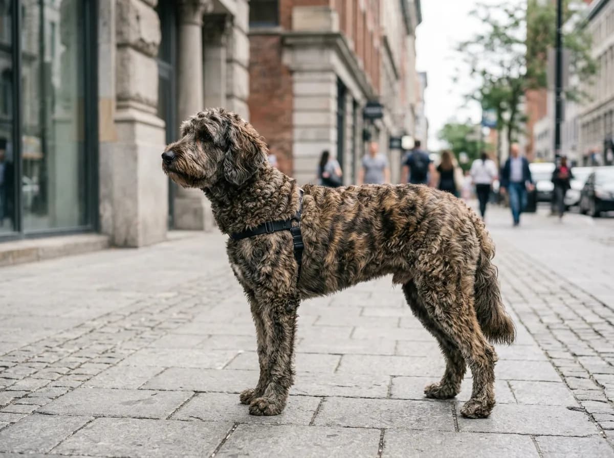 A brindle Goldendoodle with subtle tiger-stripe markings standing on a city sidewalk, side profile, even daylight