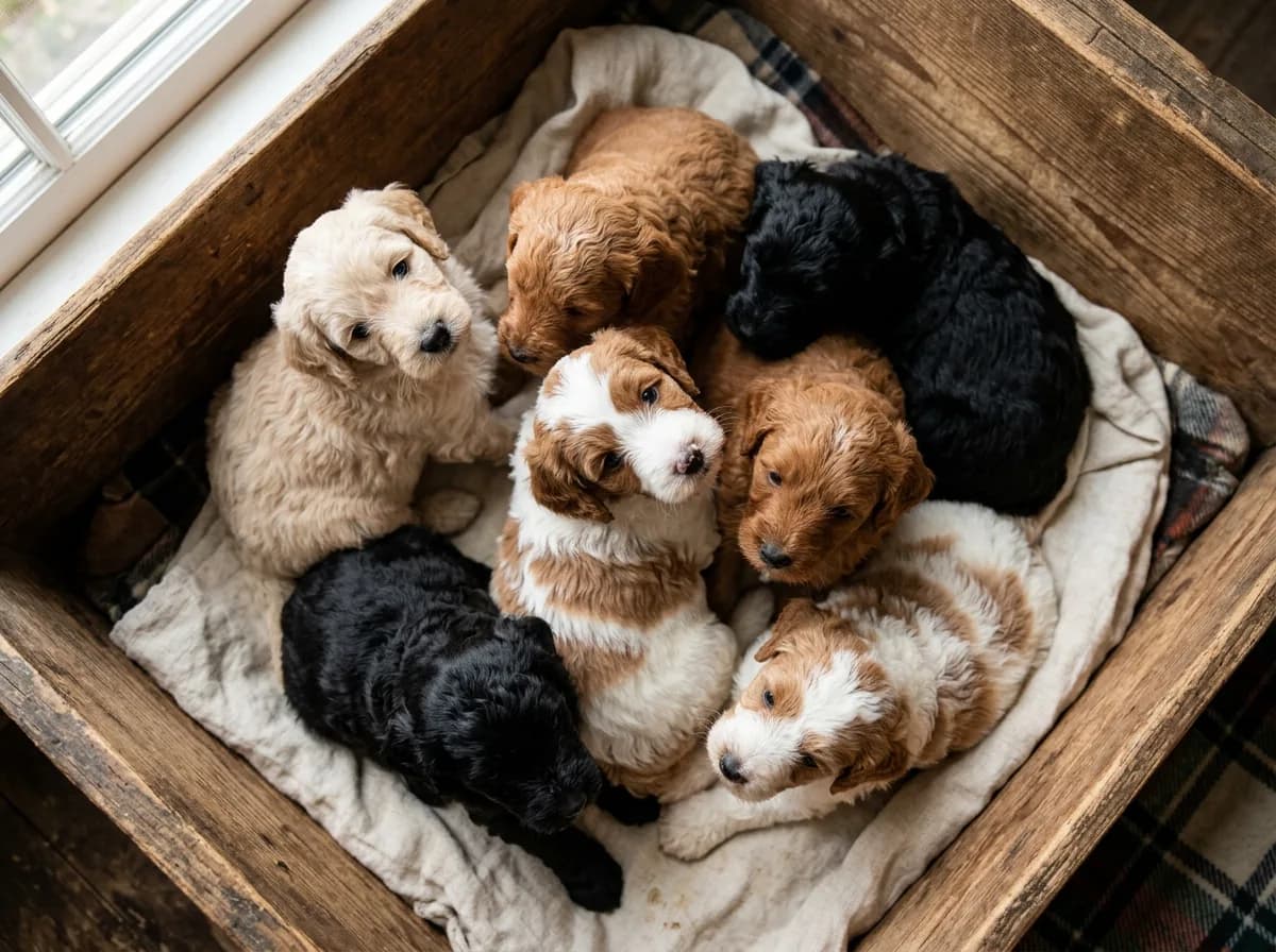 A litter of Goldendoodle puppies in assorted colors including cream, red, black, and parti sitting together in a wooden whelping box, overhead angle