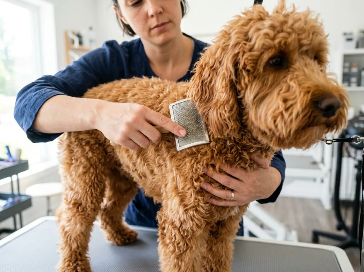 A person combing through the curly coat of an apricot Goldendoodle on a grooming table with a slicker brush, close-up of hands and coat, bright clean studio light