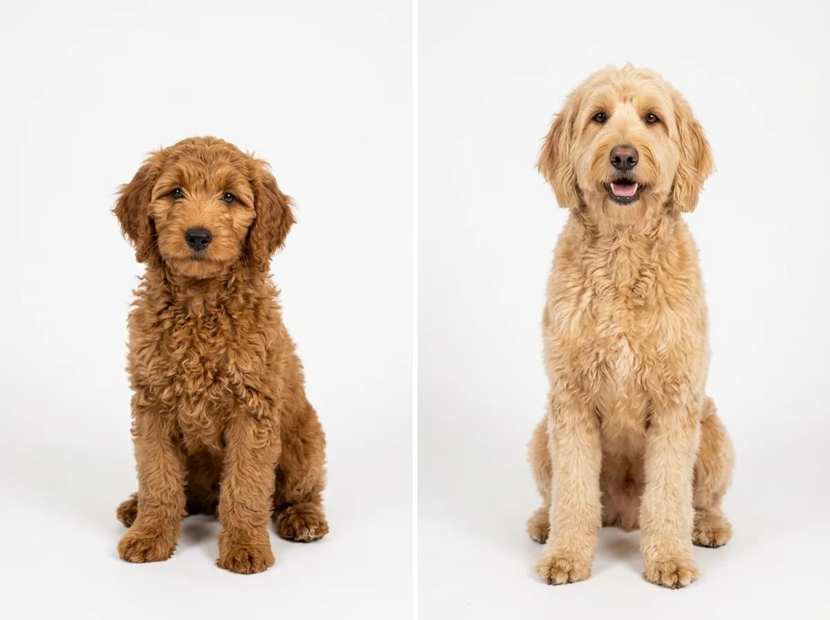 A side-by-side of the same Goldendoodle as a dark caramel puppy and as a light gold adult, two-panel comparison on a plain white background, even studio light