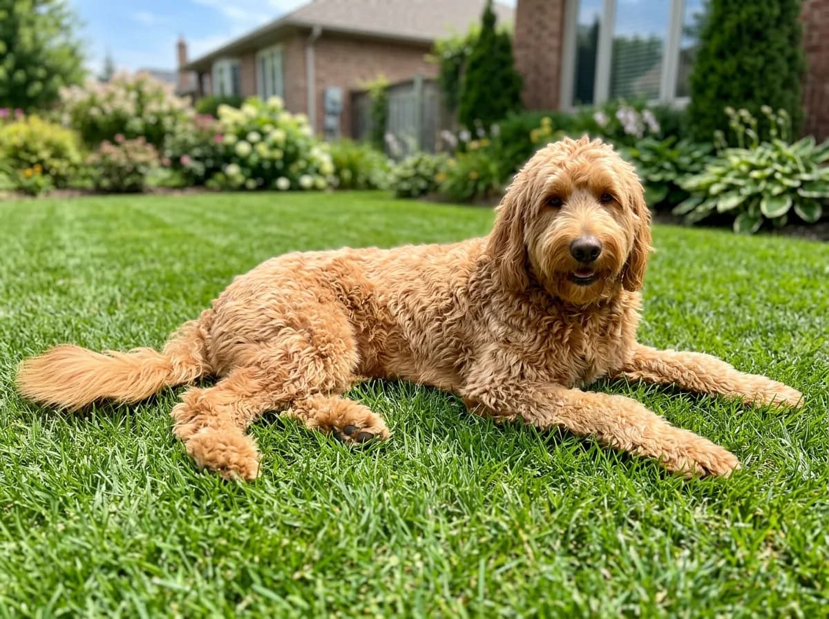 A large golden honey-colored standard Goldendoodle with a wavy coat lying on a suburban lawn, full body from a low angle, bright midday sun