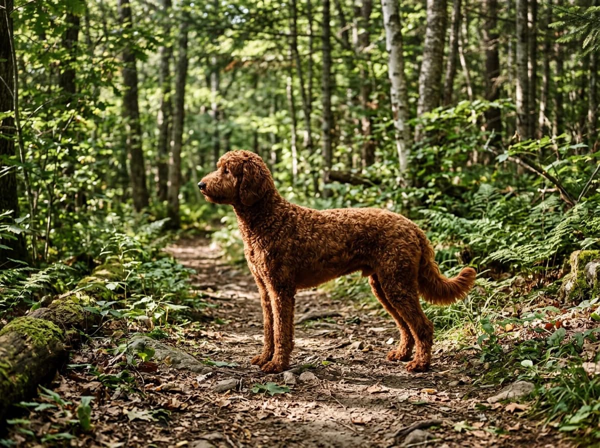A deep red Goldendoodle standing on a forest trail, full body profile, dappled sunlight through trees