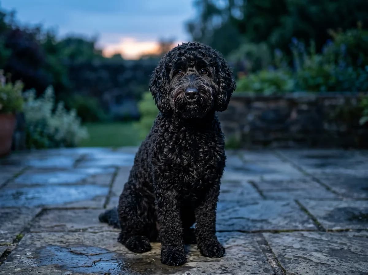 A glossy solid black Goldendoodle with tight curls sitting on a stone patio at dusk, head-and-shoulders portrait, cool blue evening light
