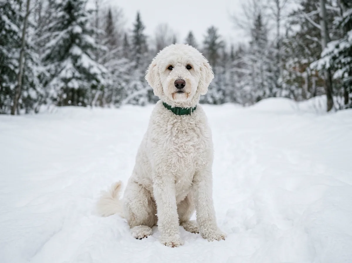 A fluffy pure white Goldendoodle with dark eyes and nose sitting in fresh snow, full body facing camera, flat winter daylight