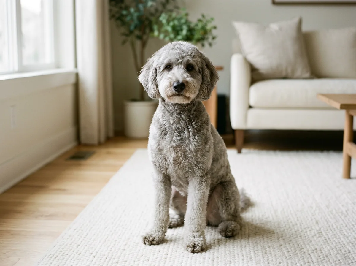 A silver-gray Goldendoodle with a groomed teddy-bear trim sitting indoors on a light rug, front-facing, soft window light