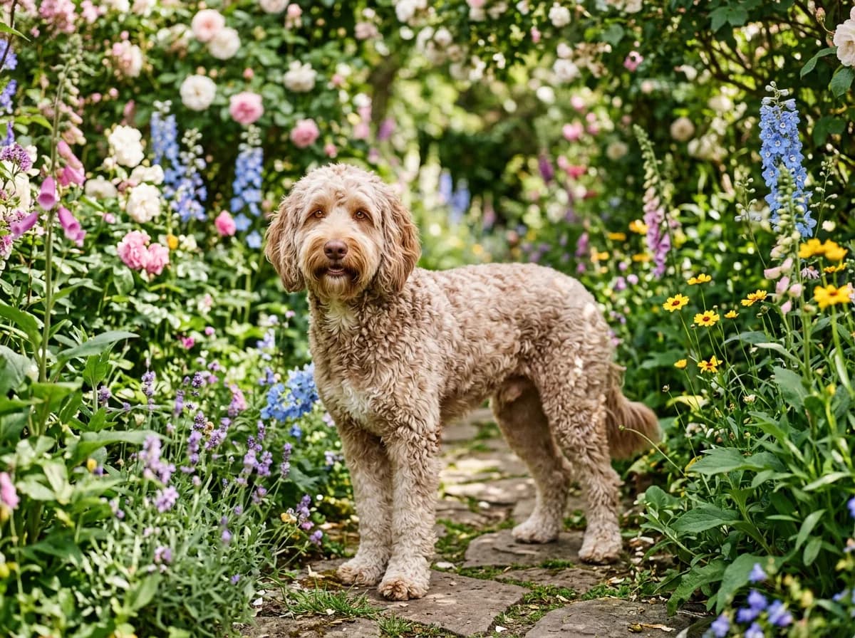 A cafe-au-lait Goldendoodle with a soft latte-brown coat and amber eyes standing in a flower garden, three-quarter body, dappled spring light