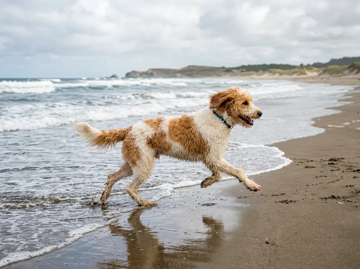 A parti Goldendoodle with white and apricot patches running along a beach at the waterline, full body in motion, bright overcast light
