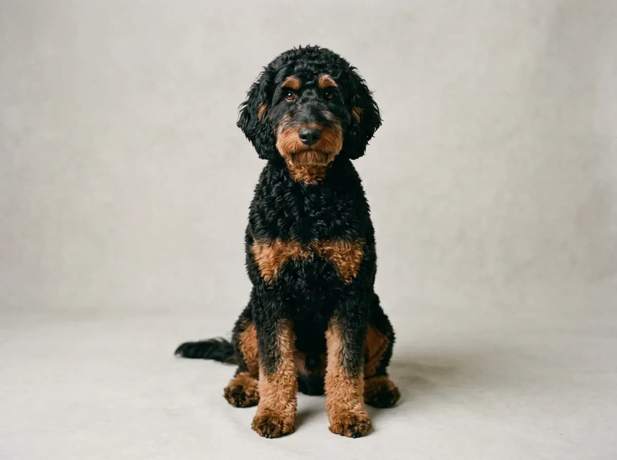 A black-and-tan phantom Goldendoodle with copper points above the eyes and on the legs sitting on a studio backdrop, front-facing full body, even softbox light