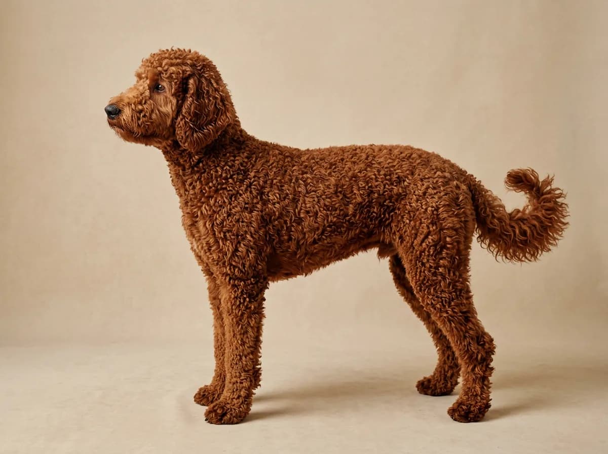 red multigen Goldendoodle adult with a tight, uniform curly coat standing on a seamless studio backdrop, full-body profile, even lighting