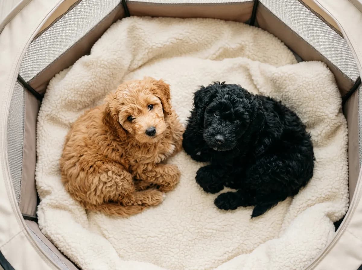 two Goldendoodle puppies of different colors, one apricot and one black, side by side in a clean whelping pen lined with soft bedding, top-down angle