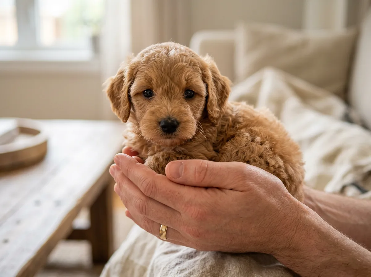 petite apricot Goldendoodle puppy being held in two cupped hands close to the camera, indoor natural light, shallow depth of field