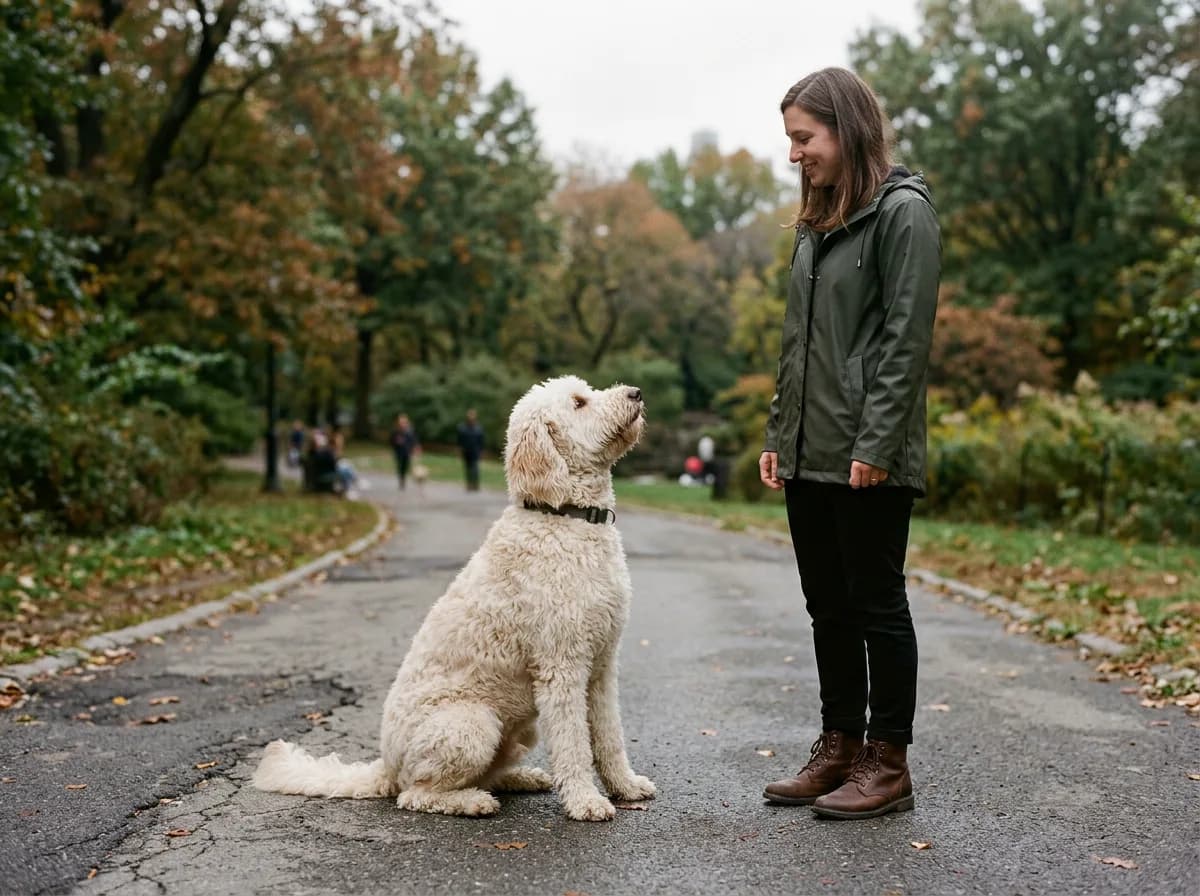large standard cream Goldendoodle sitting next to a standing adult person for size scale on a paved city park path, full body, overcast daylight