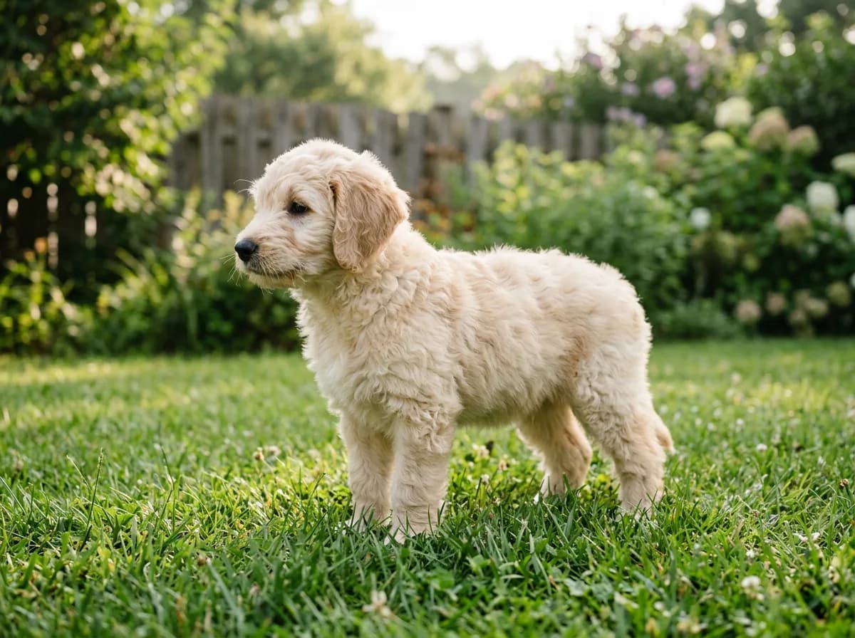 cream wavy-coated F1 Goldendoodle puppy standing on green grass in a backyard, side profile, soft morning light