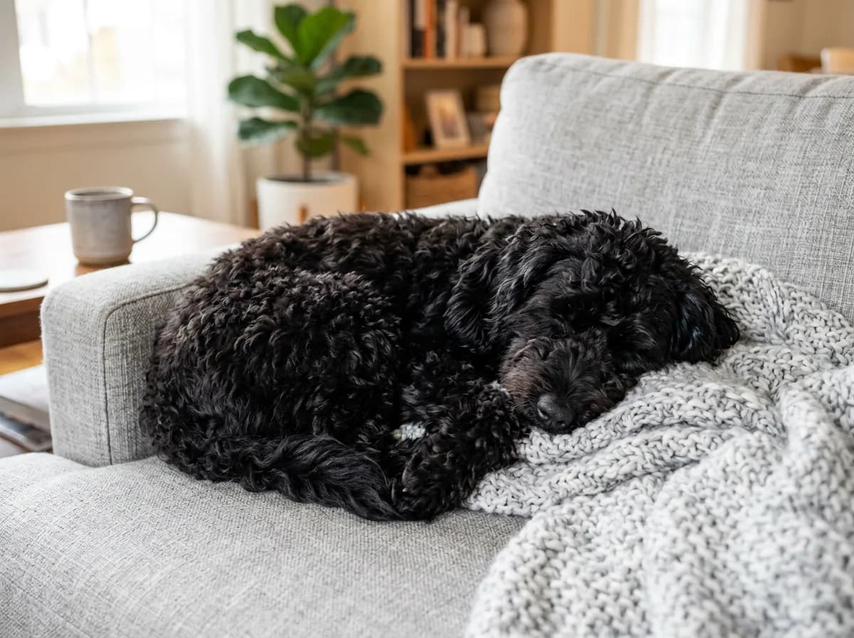 black F1b mini Goldendoodle with soft curls curled up asleep on a light grey fabric sofa, close-up, cozy indoor lighting