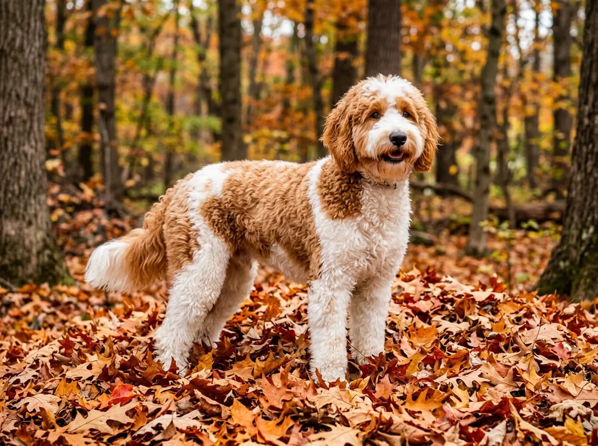 parti-colored white and apricot F2 Goldendoodle standing in a pile of orange autumn leaves, three-quarter angle, crisp fall daylight