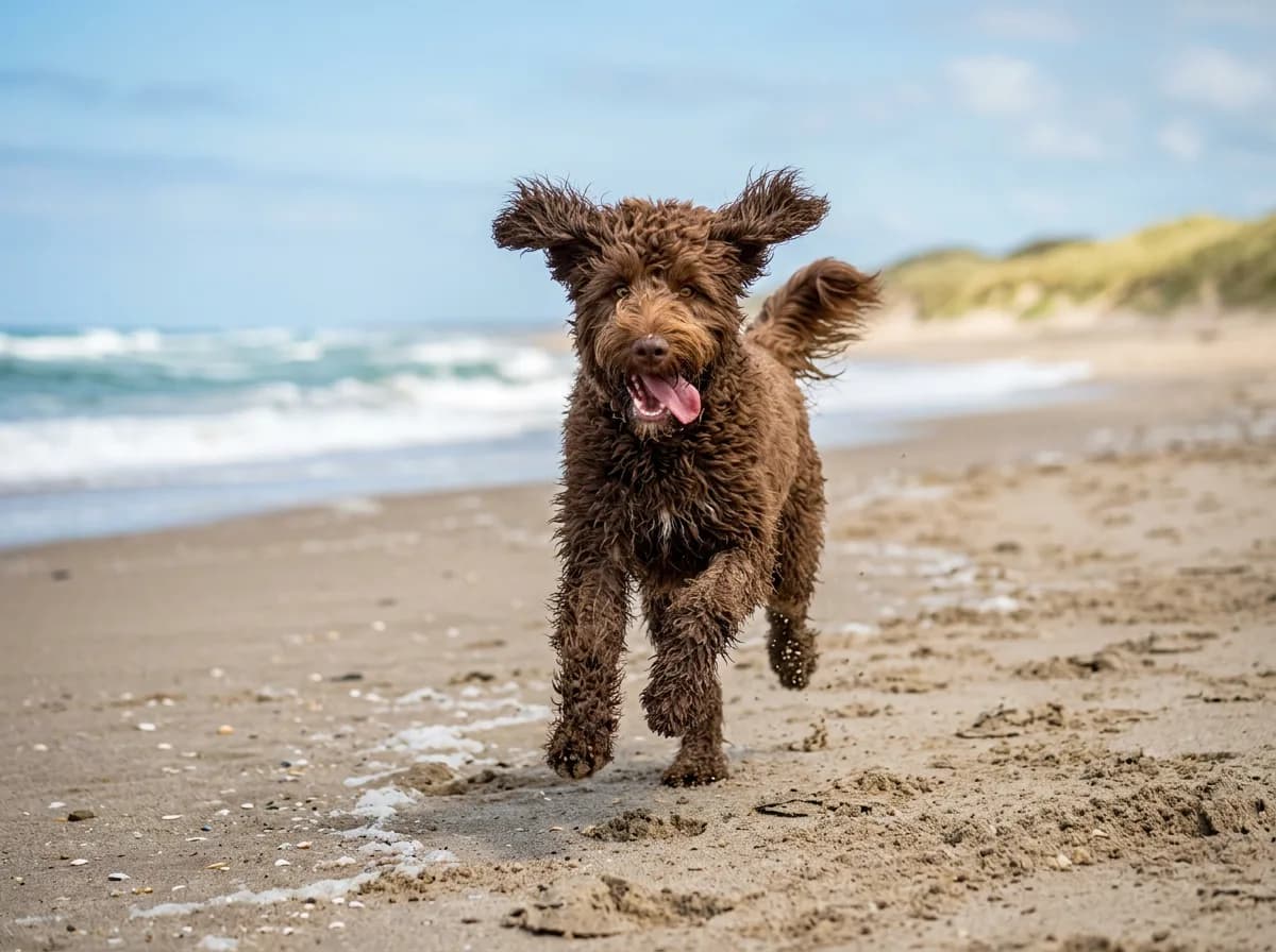 chocolate brown F2b Goldendoodle running toward the camera on a sandy beach, ears flying, bright coastal daylight