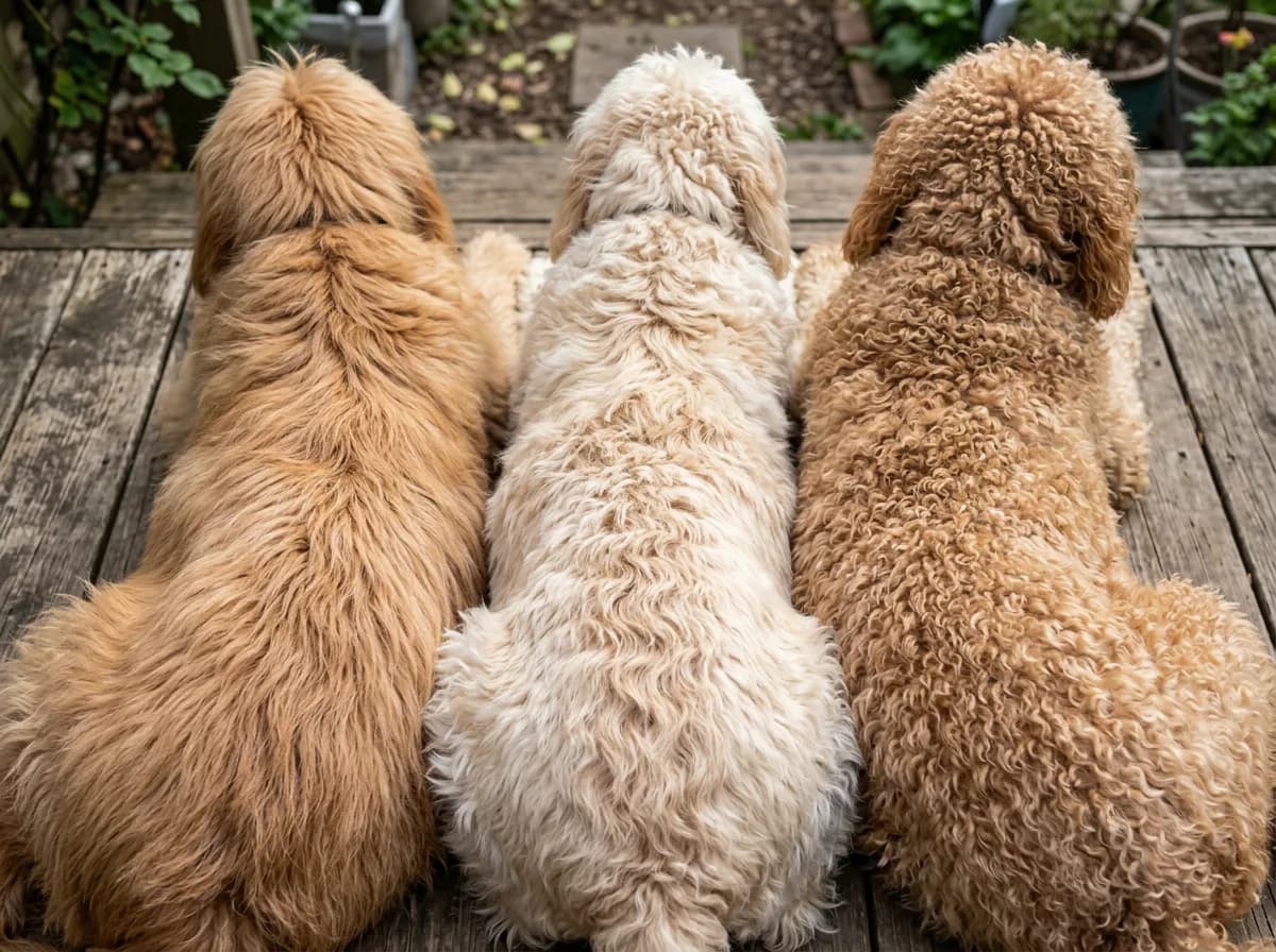 close-up comparison of three Goldendoodle coat textures side by side on three different dogs, straight then wavy then tight curly, natural daylight, top-down angle