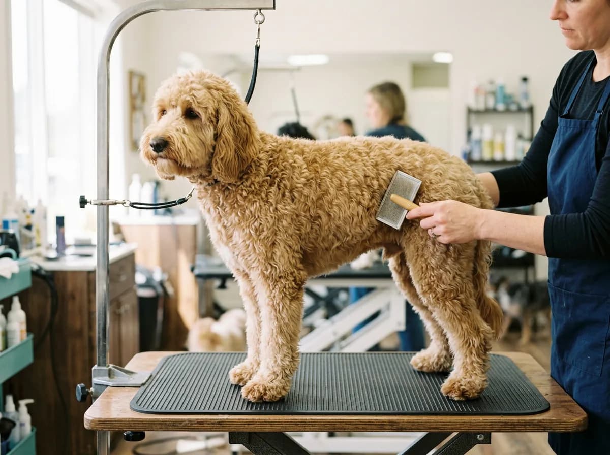 tan Goldendoodle standing on a grooming table being brushed with a slicker deshedding brush, groomer's hand visible, side view, bright salon lighting
