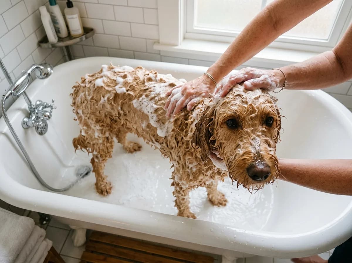 wet Goldendoodle standing in a bathtub being lathered with shampoo, suds on the curly coat, overhead angle, soft bathroom light
