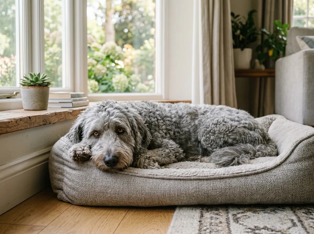silver-gray Goldendoodle lying calmly and relaxed on a plush dog bed beside a large window, soft indoor light, eye-level angle