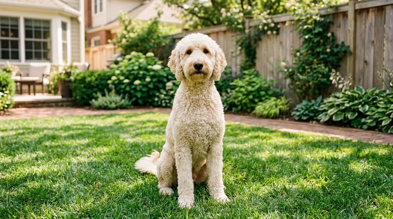cream-colored F1B goldendoodle sitting calmly on green grass in a sunny suburban backyard, facing the camera, medium size