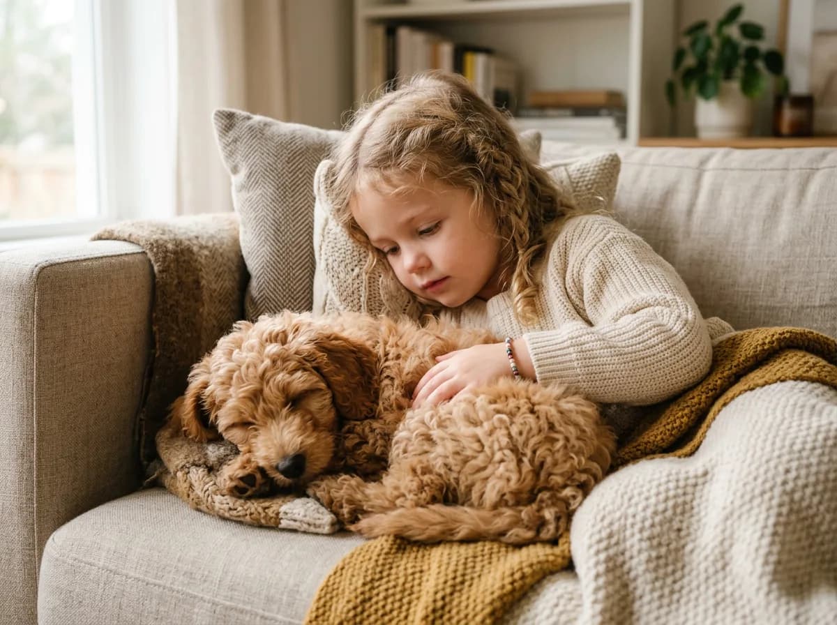 small apricot mini goldendoodle curled up beside a young child on a living-room couch, cozy warm indoor lighting, close intimate angle