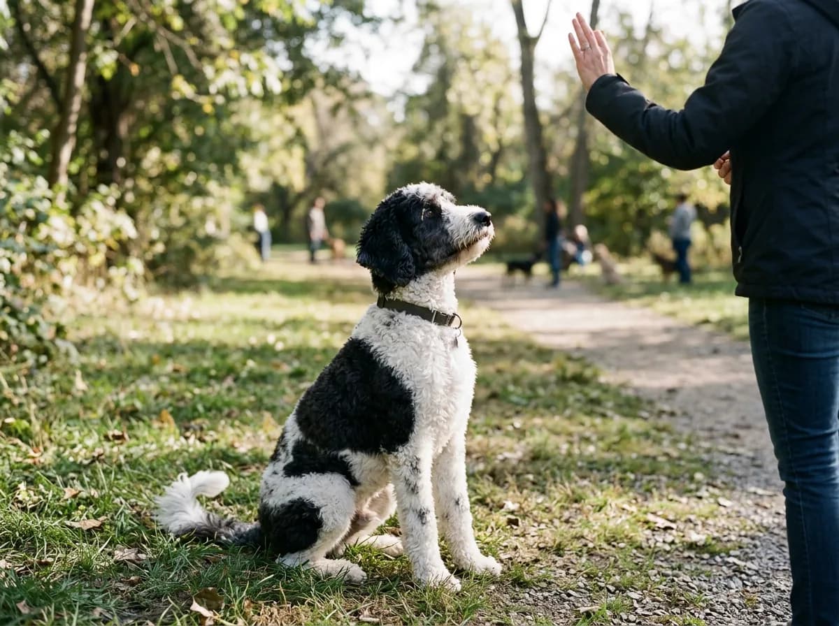 black-and-white parti goldendoodle sitting attentively in an outdoor training session, focused on the owner's raised hand, bright daytime park setting, three-quarter angle