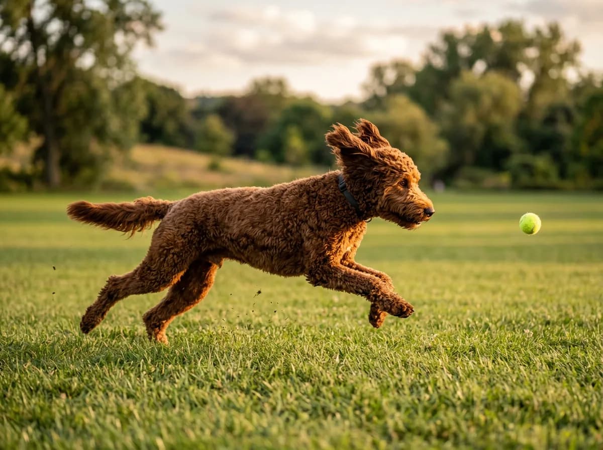 large dark-red standard goldendoodle running at full stride across an open grassy park chasing a ball, side-on action shot, ears flying, golden afternoon light