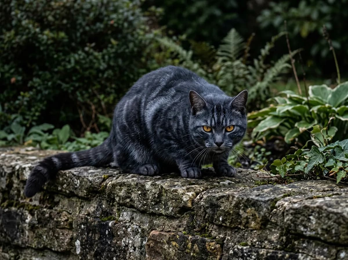 Dark slate-gray tabby cat with deep blue-gray stripes and gold eyes crouched on a stone wall