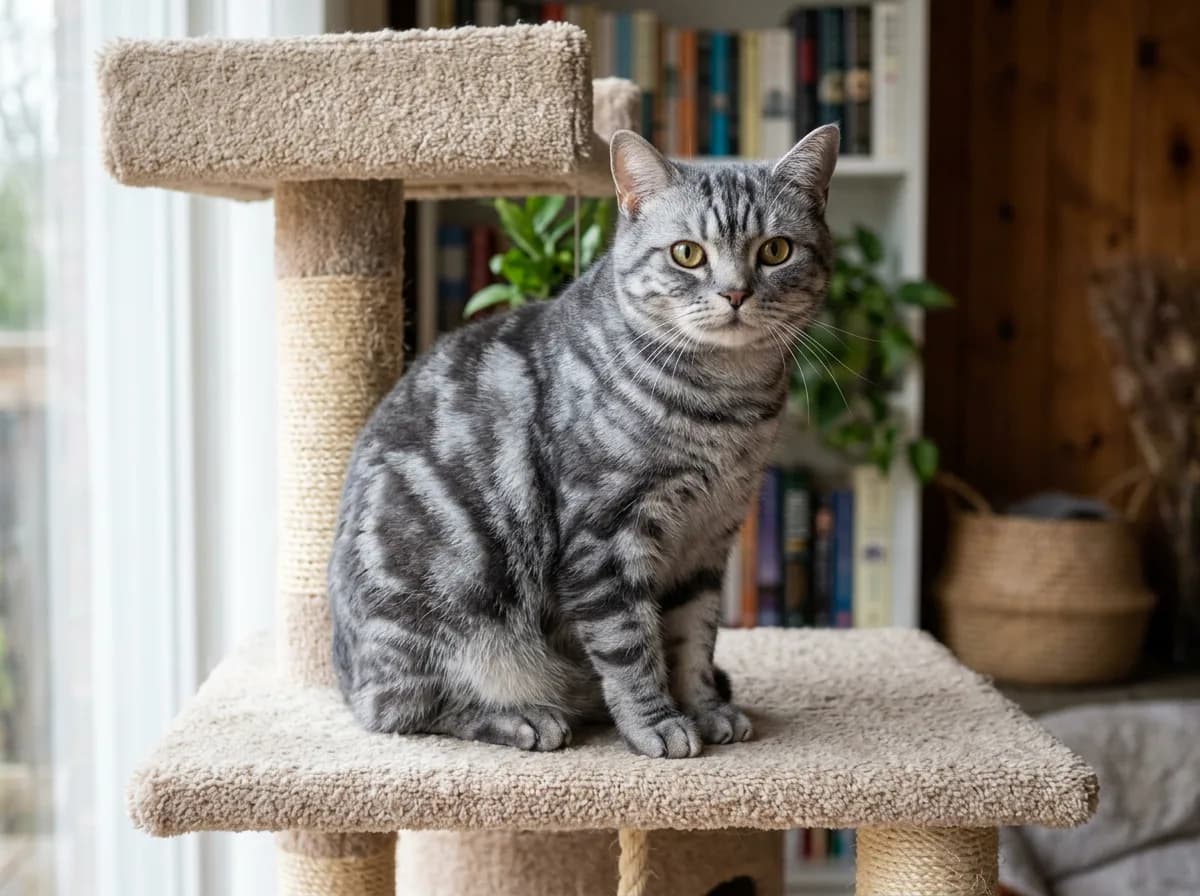 Blue classic tabby American Shorthair cat with swirled gray markings sitting on a carpeted cat tree