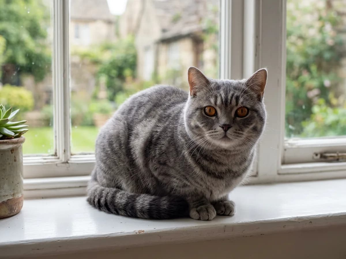 Blue tabby British Shorthair cat with a round face, plush gray coat, and copper-orange eyes sitting on a windowsill