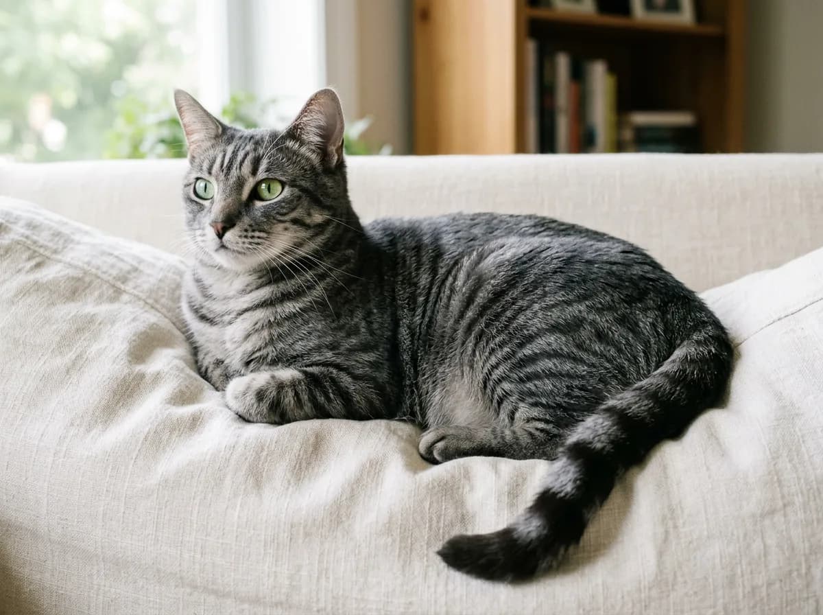 Gray mackerel tabby cat with charcoal stripes and green eyes lying on a cream sofa in soft window light