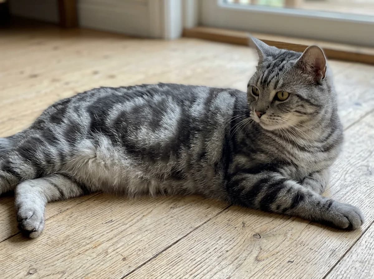 Gray classic tabby cat lying down with bold marbled bullseye swirls visible on its side