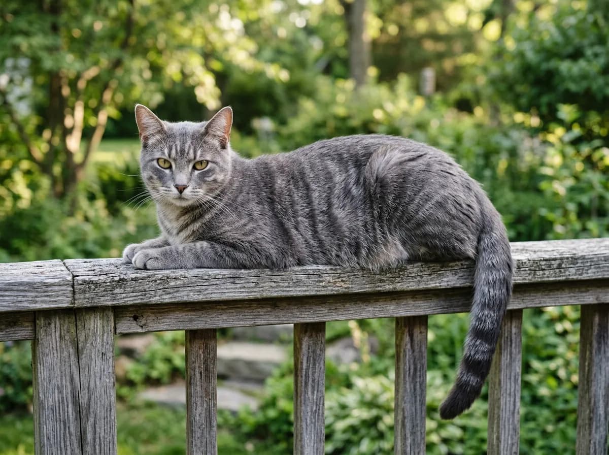 Gray tabby domestic shorthair cat with mixed mackerel striping lounging on a porch railing