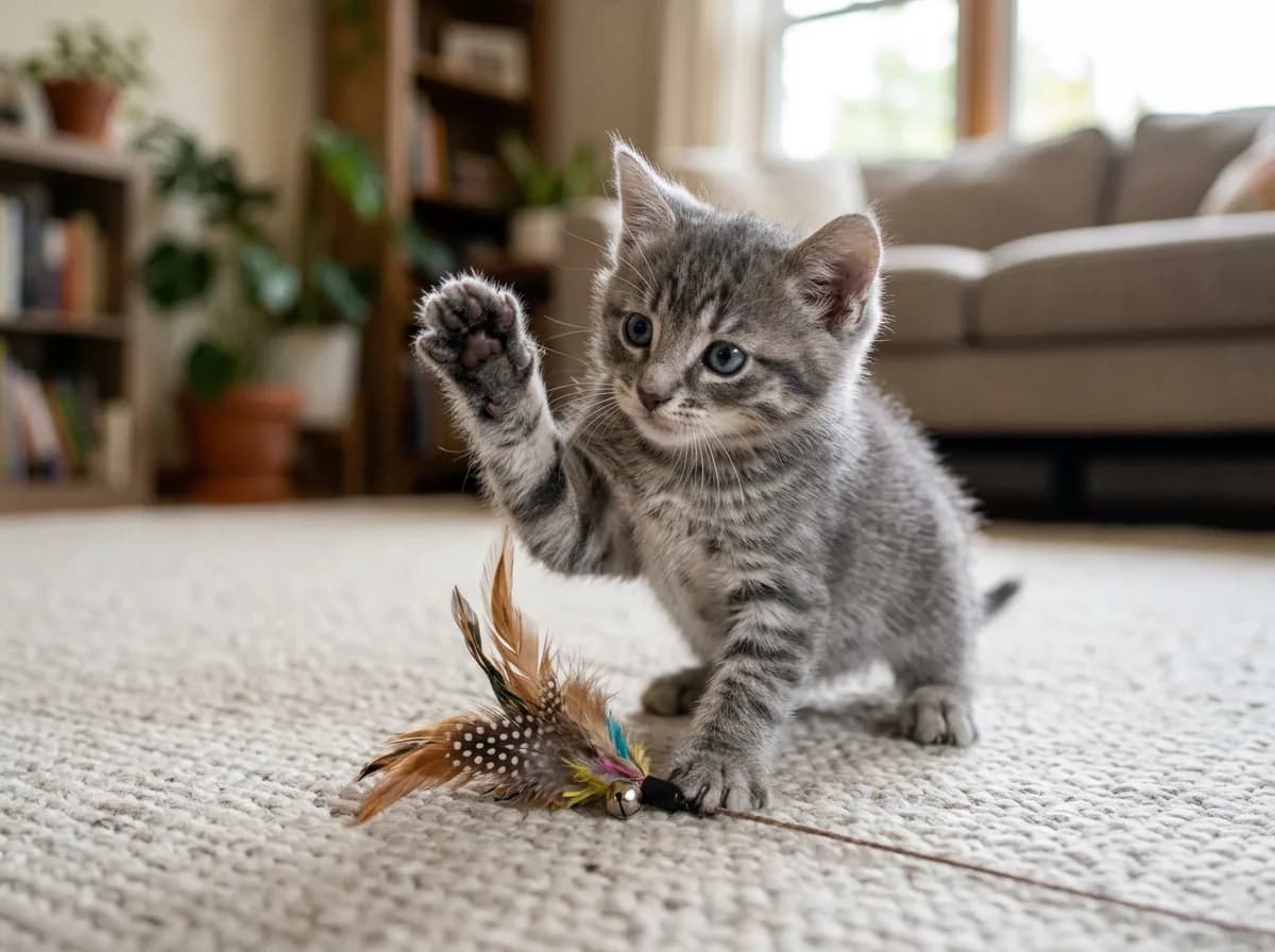 Eight-week-old gray tabby kitten with faint blue eyes and soft fuzzy striped fur playing with a feather toy