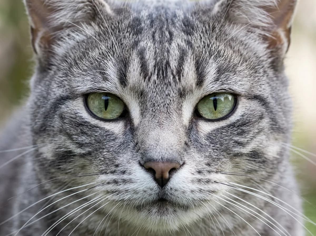 Close-up of a gray tabby cat's face showing the distinct darker M marking on its forehead above green eyes