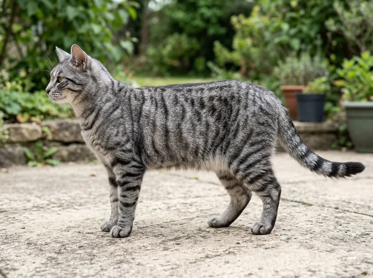 Gray mackerel tabby cat standing in profile showing narrow vertical charcoal stripes along its ribs