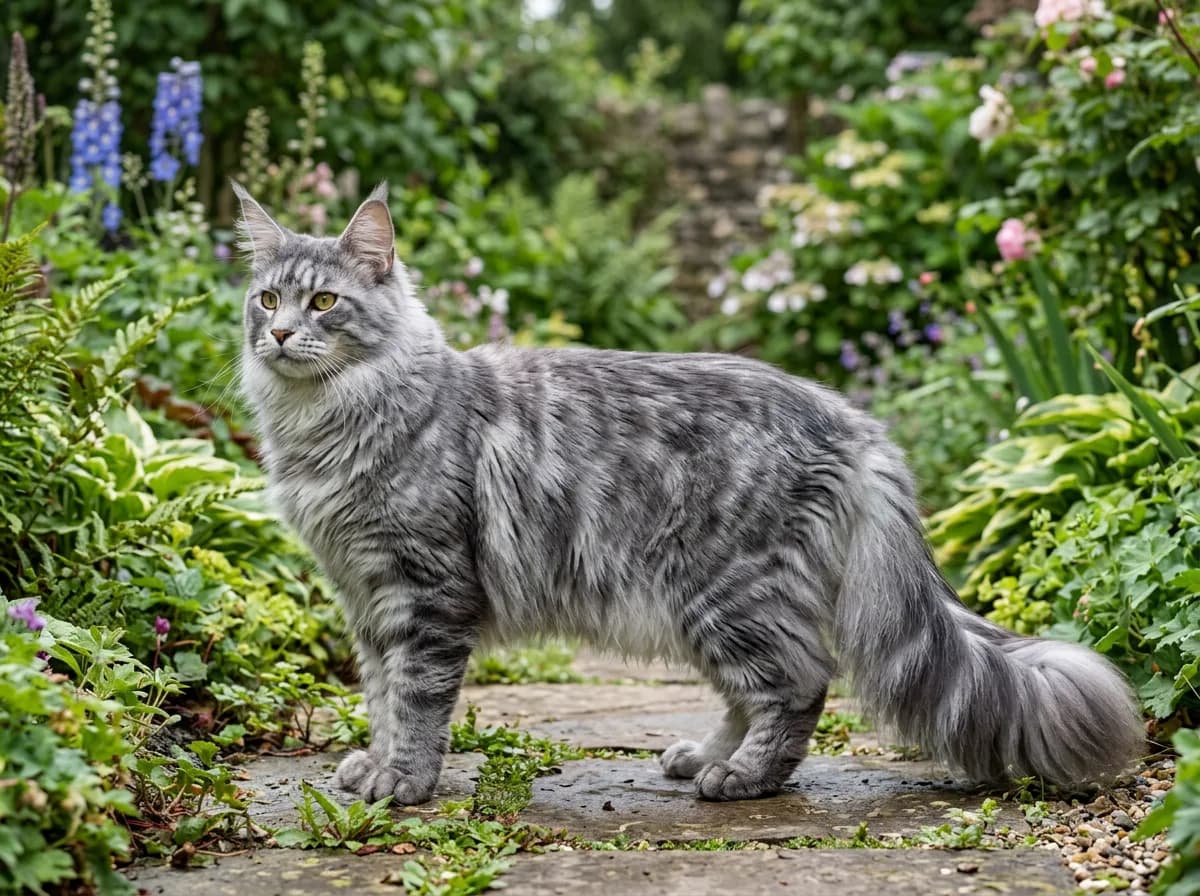 Large longhaired blue tabby Maine Coon cat with tufted ears and a plumed tail standing in a garden